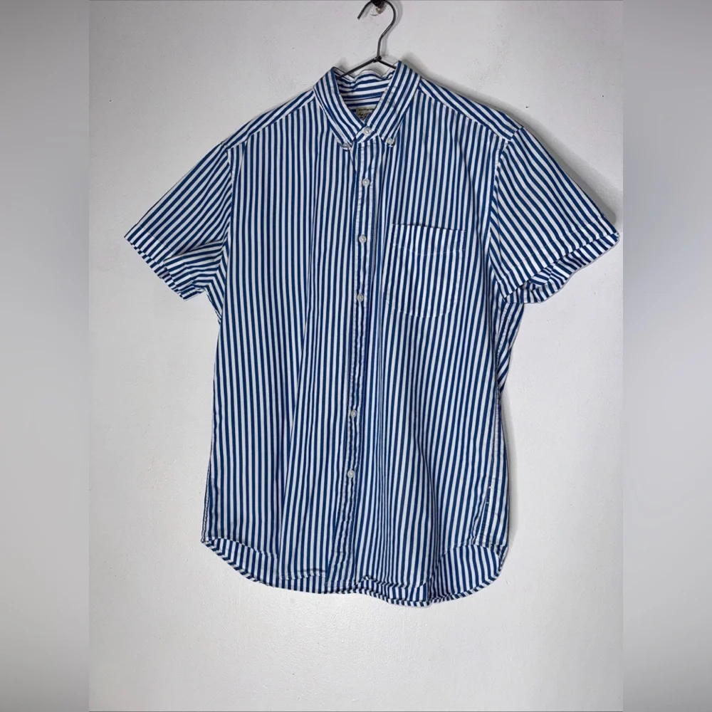 J Crew Cotton Shirting Blue‎ White Stripe Short Sleeve Collar Button Down Medium